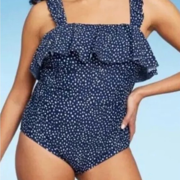 Kona Sol Women's Ruffle Full Coverage One Piece Swimsuit Blue Polka Dot - Picture 2 of 3